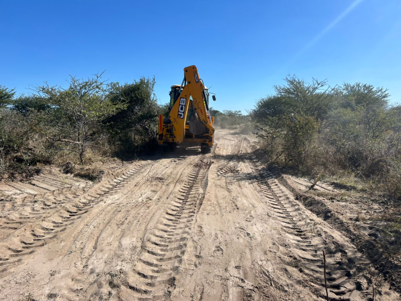 Backhoe loader clearing a track through bush